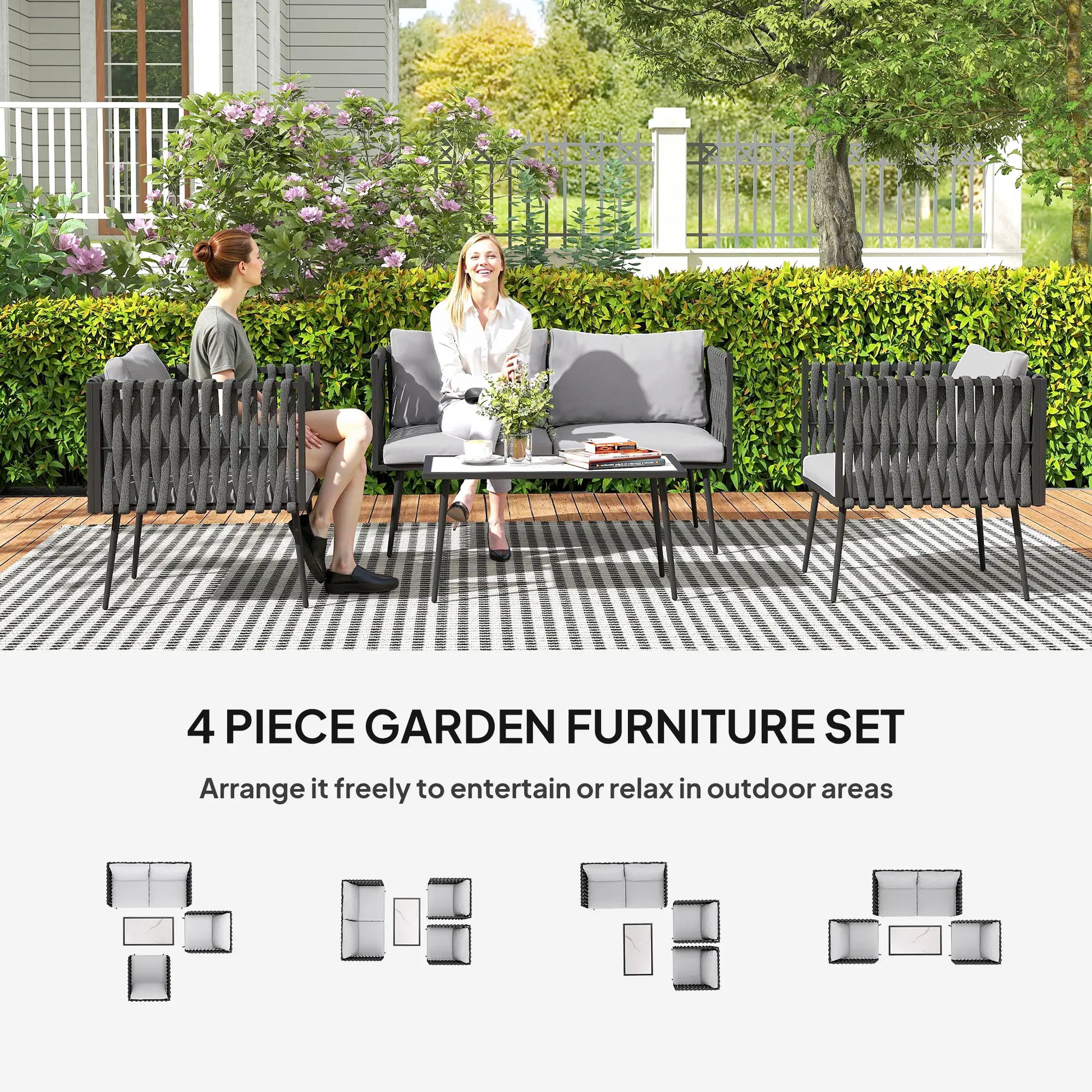 4-piece garden furniture set with two women sitting on chairs in a garden setting.