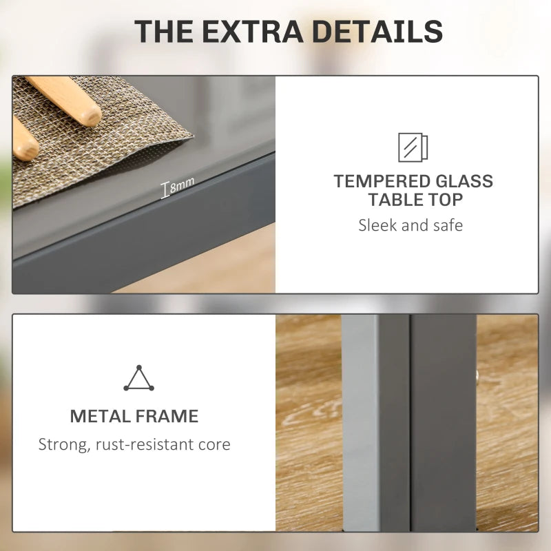 Details of a table with tempered glass top and metal frame