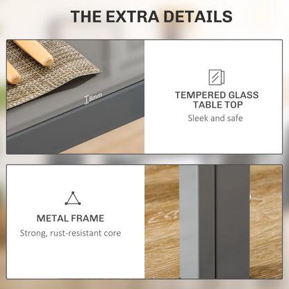 Details of a table with tempered glass top and metal frame