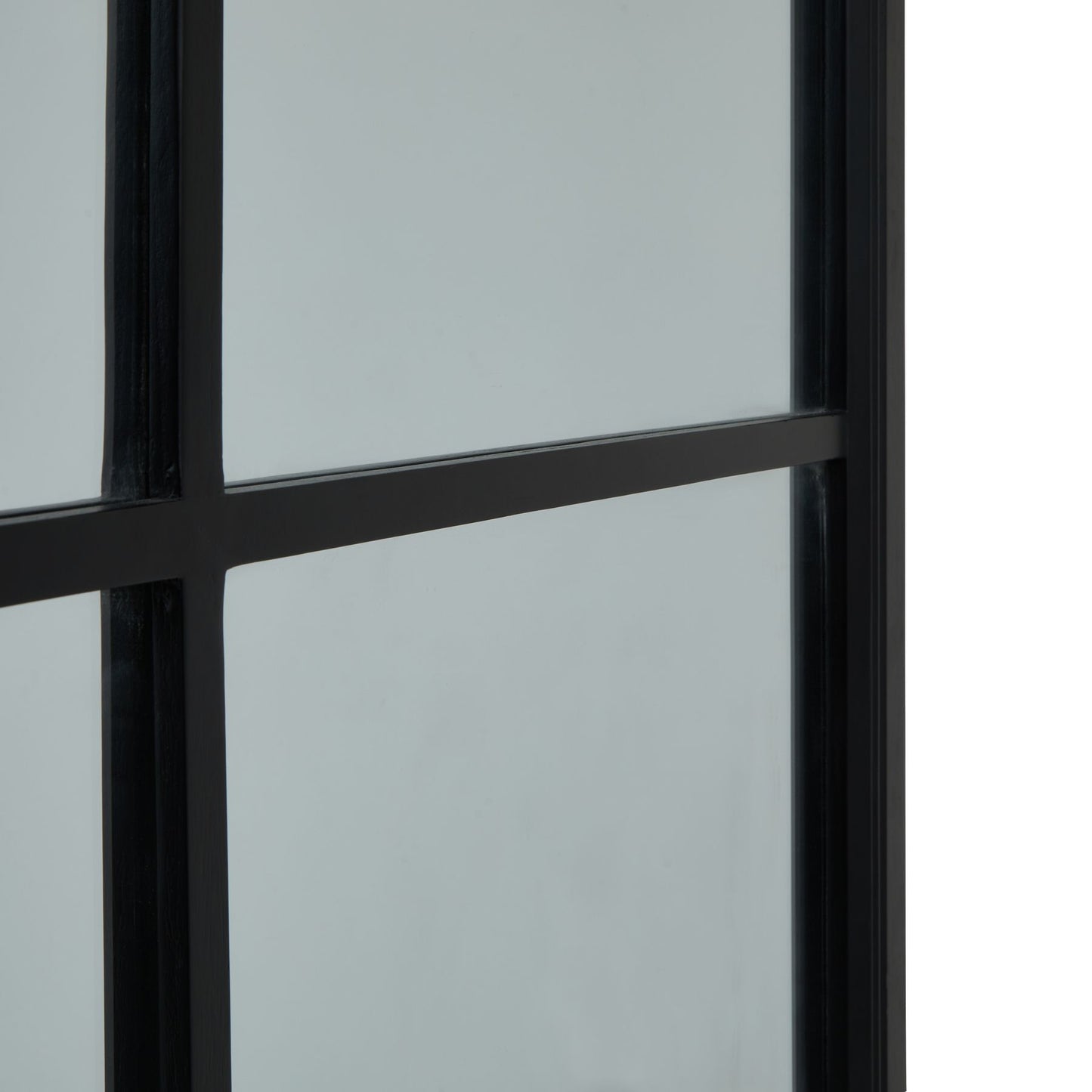 Window with black frame and glass panes on a white background