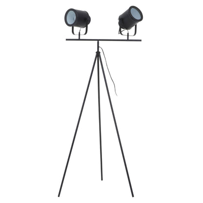 Black tripod with two spotlight attachments on a white background