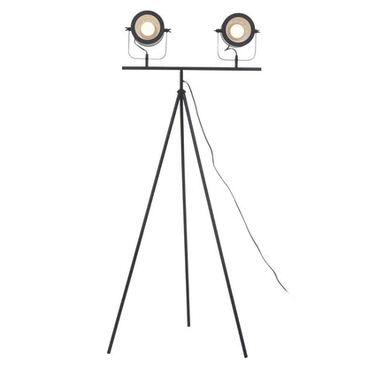 Black tripod floor lamp with two circular lights on a white background