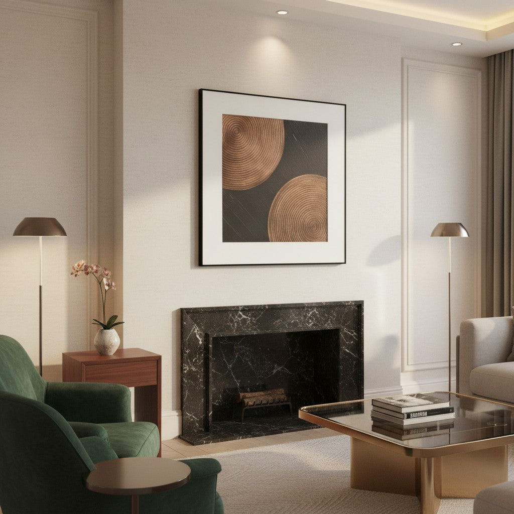 Modern living room with a fireplace, artwork, and furniture.