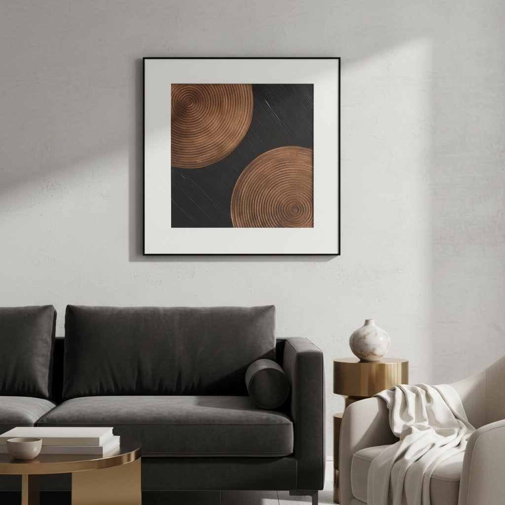 Modern living room with a gray sofa, round wooden coffee table, and abstract art on the wall.