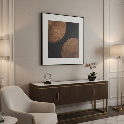 Modern interior with a wooden sideboard, chair, and abstract art on the wall.