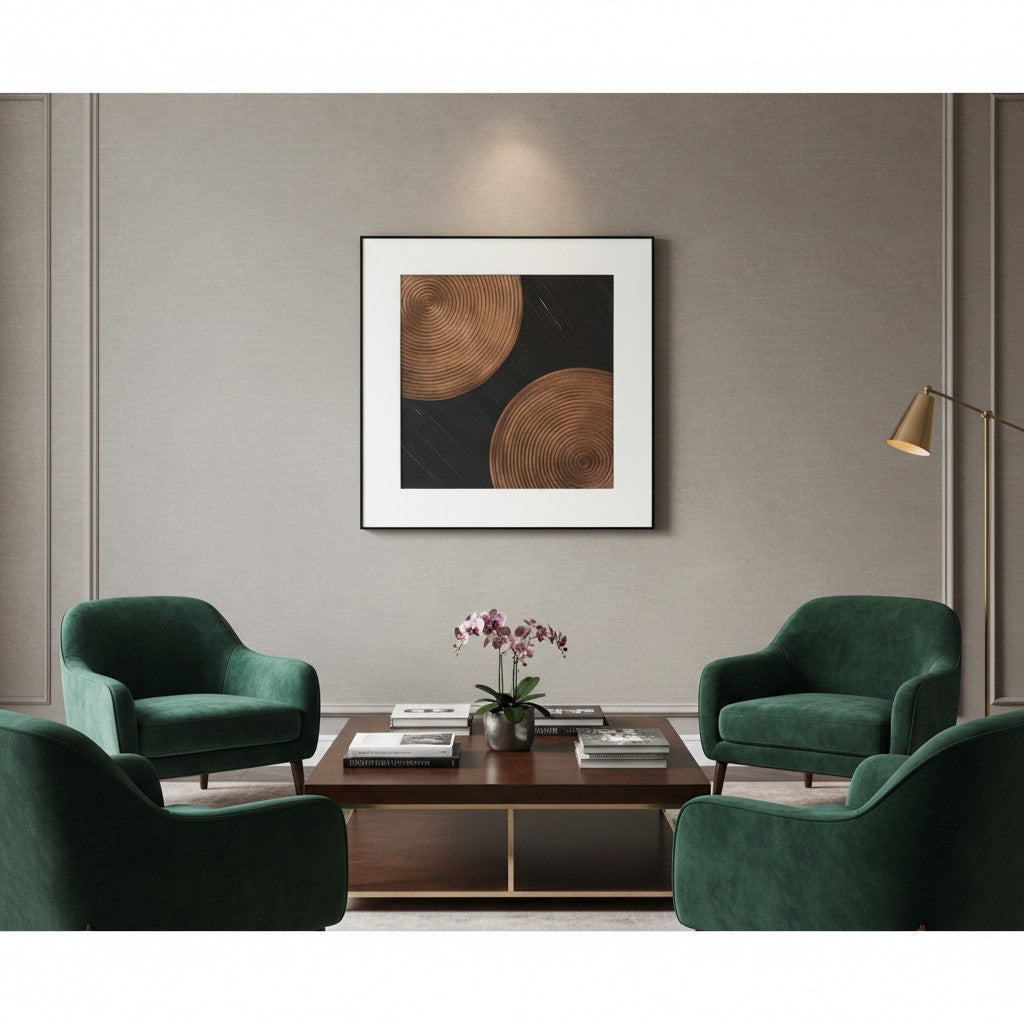 Modern living room with green armchairs, a wooden coffee table, and abstract art on the wall.