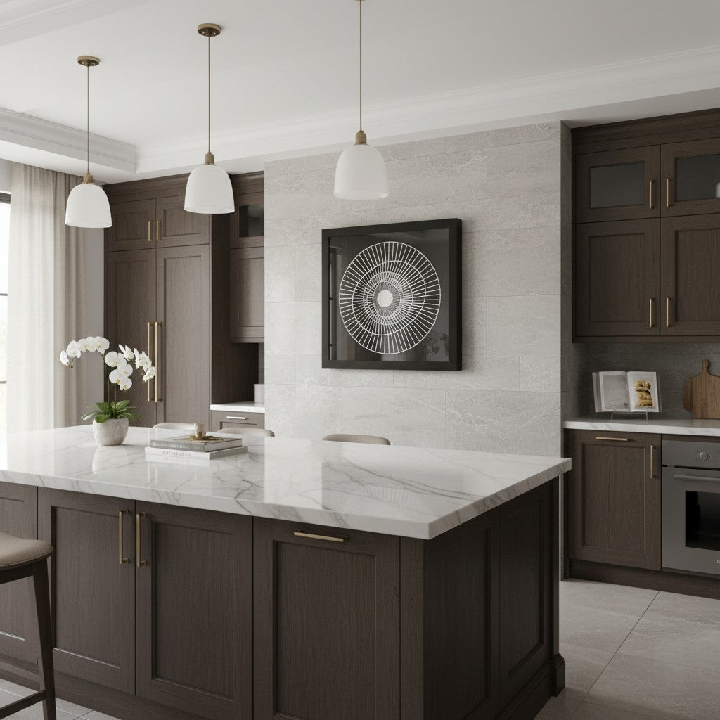 Modern kitchen with marble island and dark wood cabinets