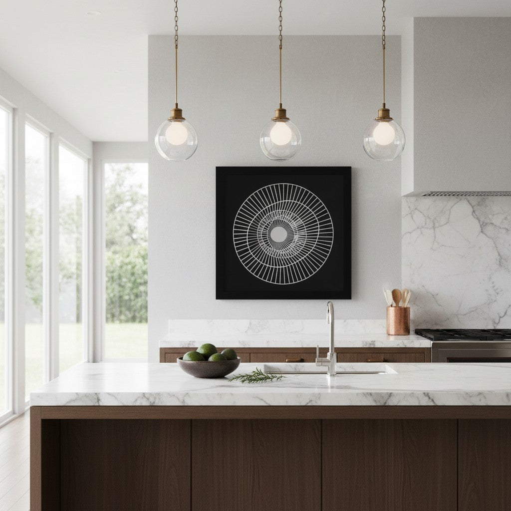 Modern kitchen with a black and white abstract wall art piece.