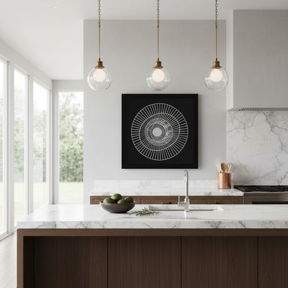 Modern kitchen with a black and white abstract wall art piece.