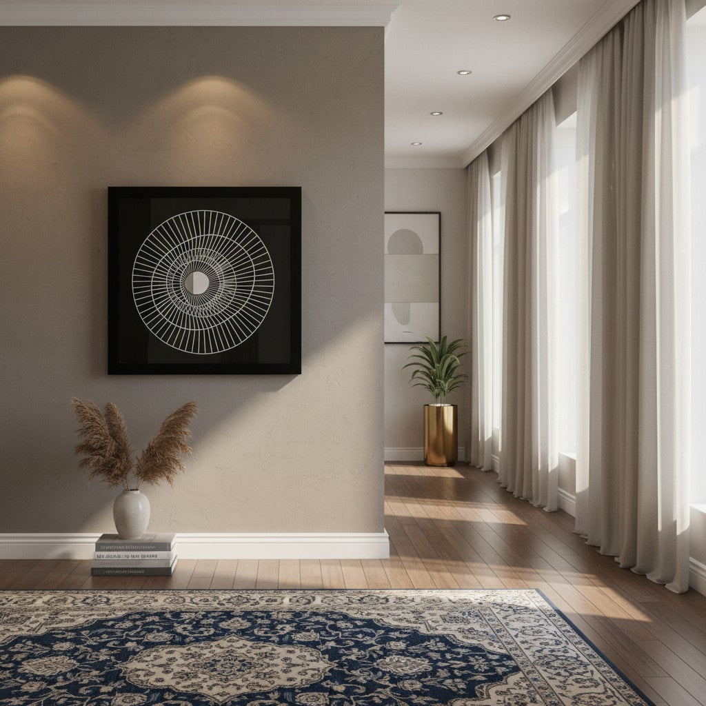 Modern interior with decorative rug, wall art, and plants