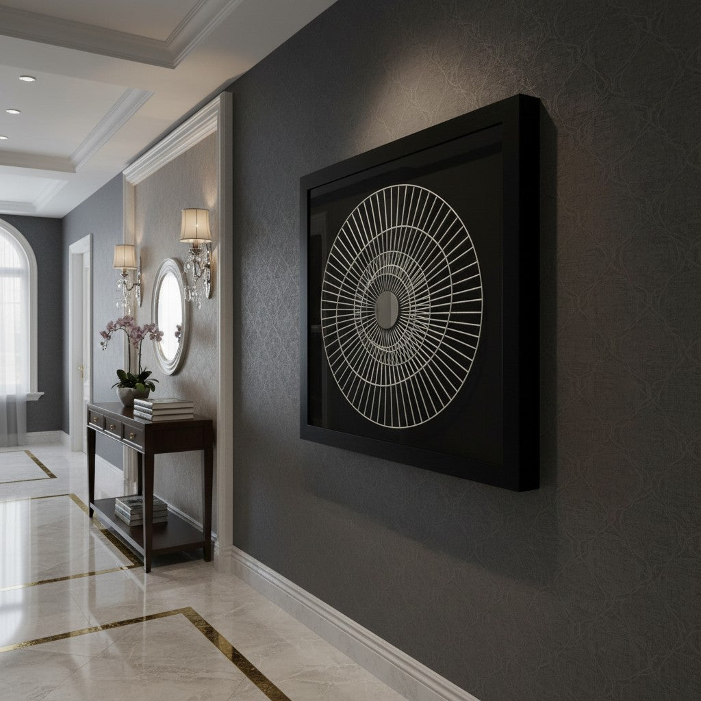 Decorative wall art in a stylish hallway with dark walls and marble floor.