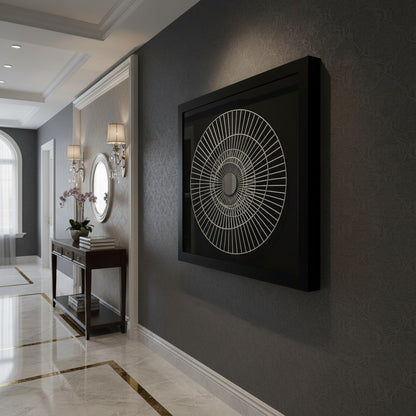 Decorative wall art in a stylish hallway with dark walls and marble floor.