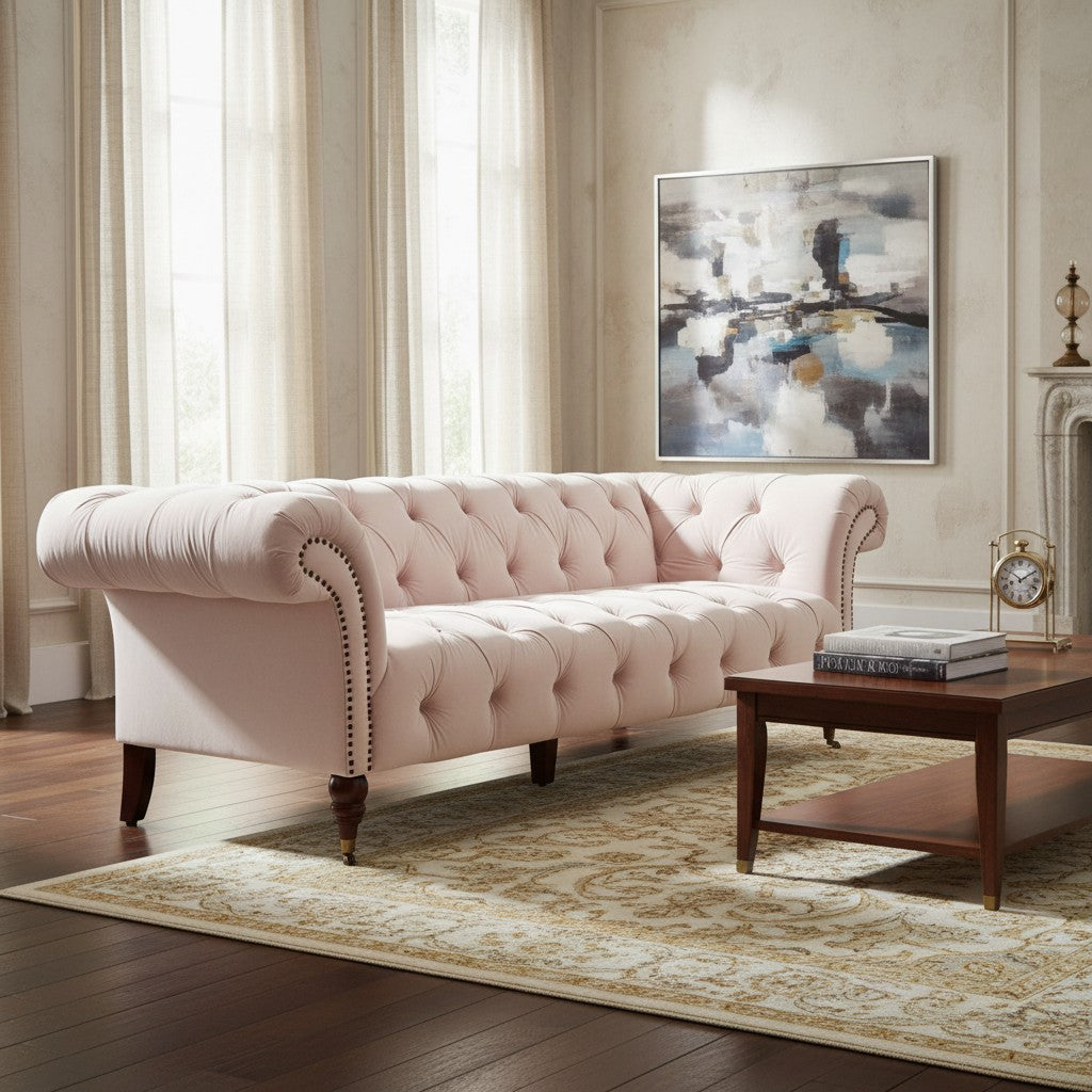 Pink tufted sofa in a living room with a coffee table and artwork on the wall.
