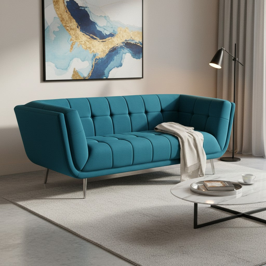 Modern living room with a teal sofa, coffee table, and abstract art on the wall.