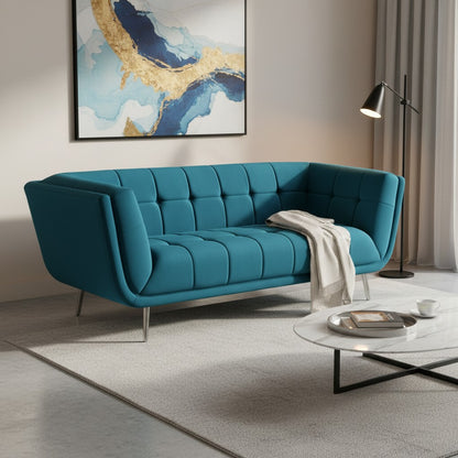 Modern living room with a teal sofa, coffee table, and abstract art on the wall.