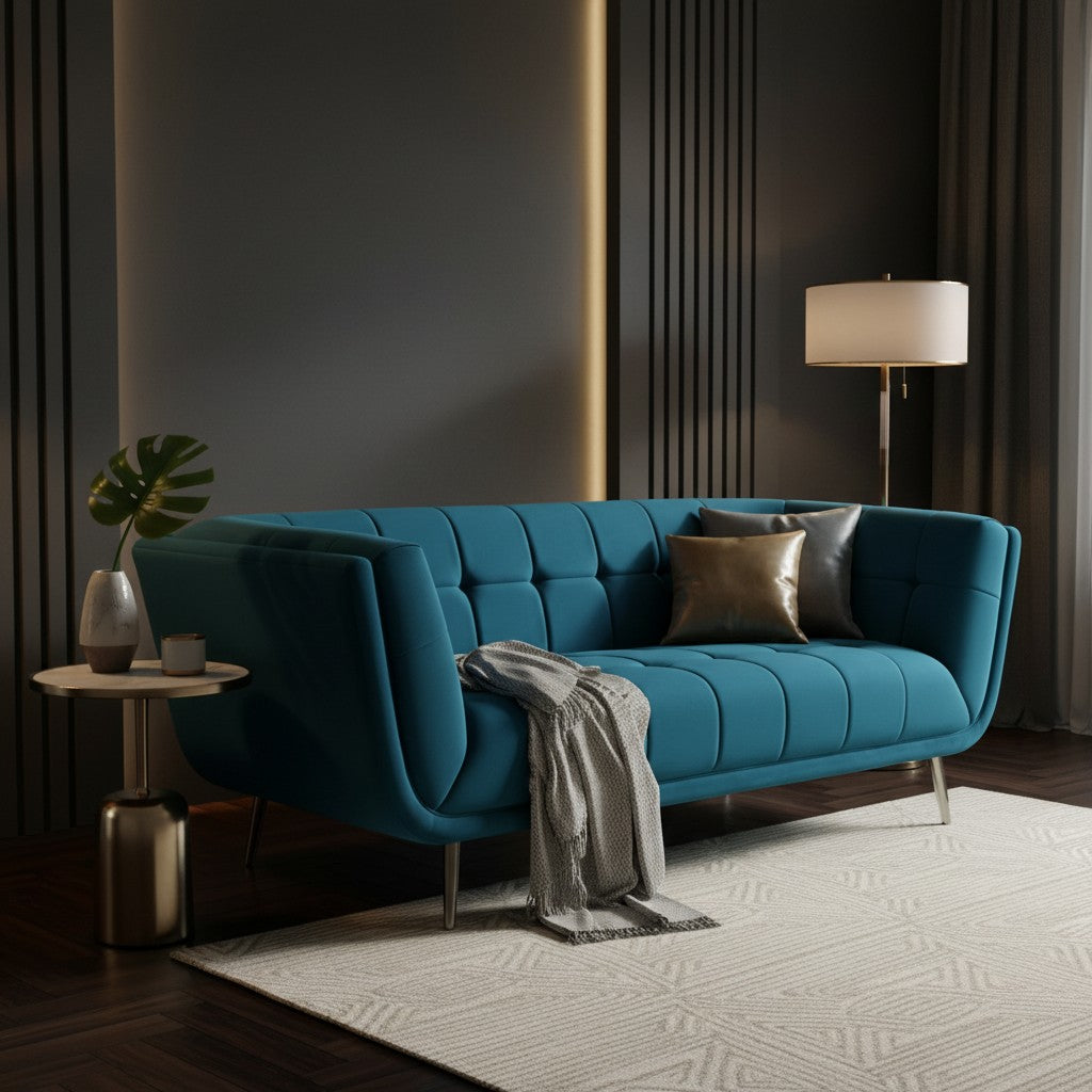 Modern living room with a blue sofa, side table, and lamp.