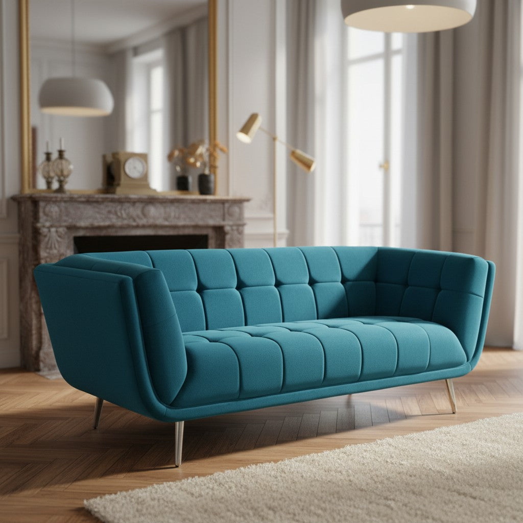 Teal sofa in a living room with a fireplace and large window.