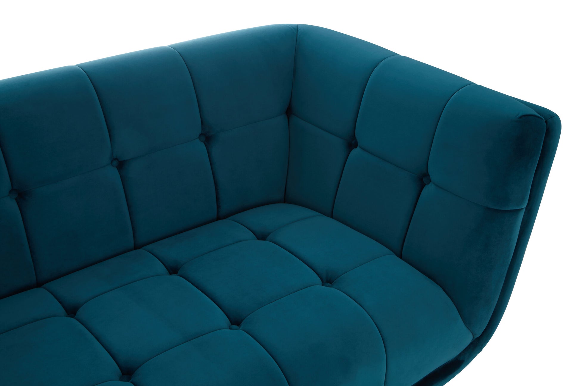 Teal tufted sofa on a white background