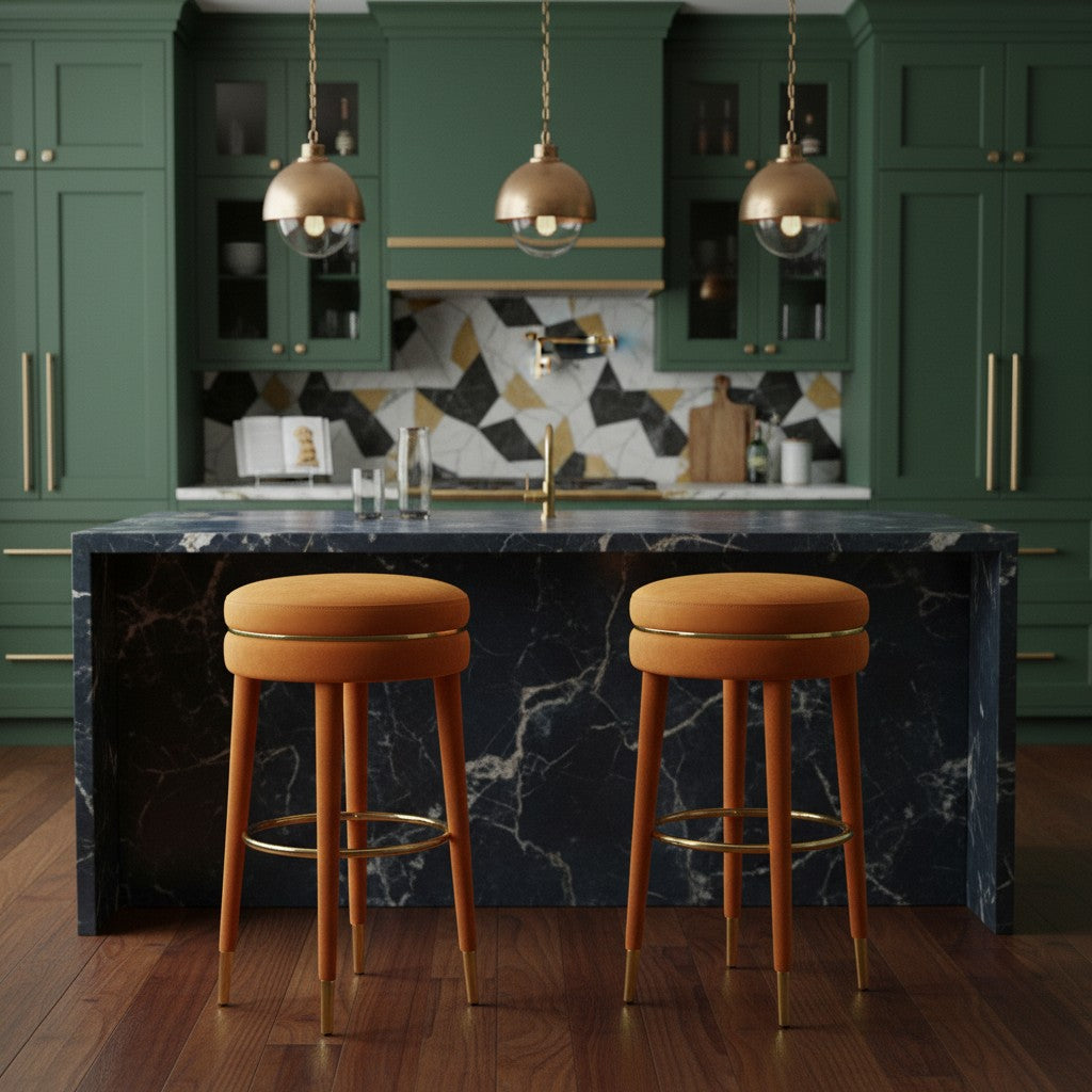 Modern kitchen with green cabinets, marble island, and orange stools.