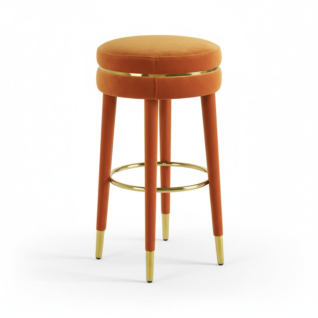 Orange bar stool with gold accents on a white background