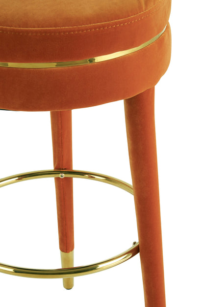 Orange bar stool with gold accents on a white background