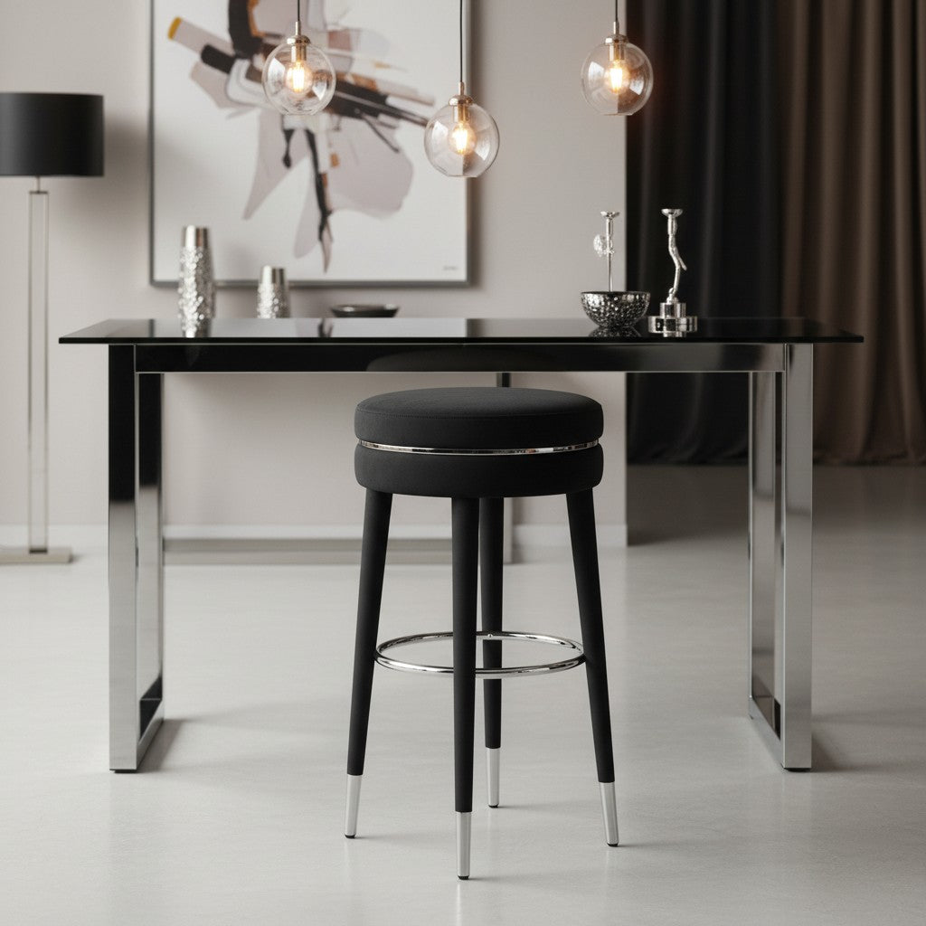Modern black bar stool in front of a sleek black dining table with a neutral background.