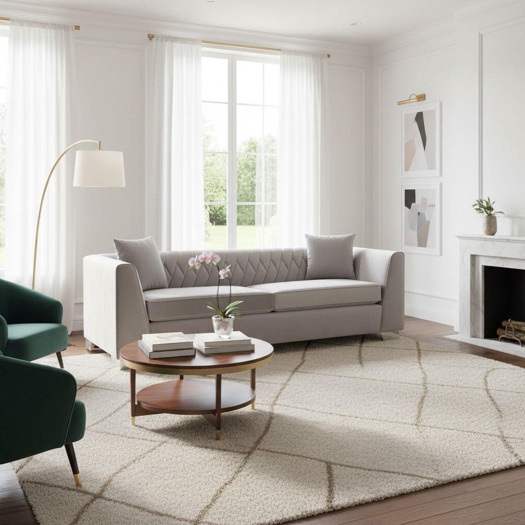 Modern living room with a gray sofa, coffee table, and decorative elements.