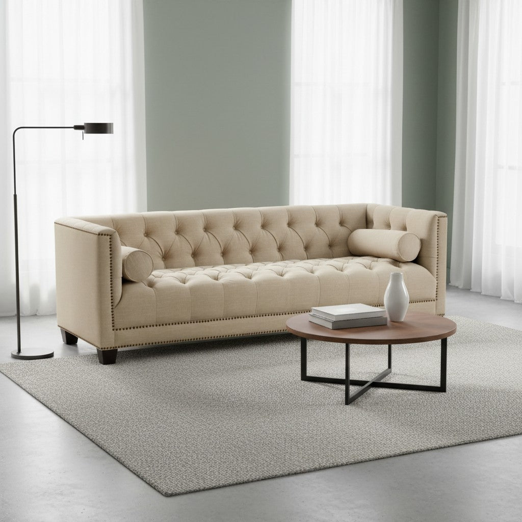 Beige tufted sofa in a modern living room with a coffee table and decorative items.