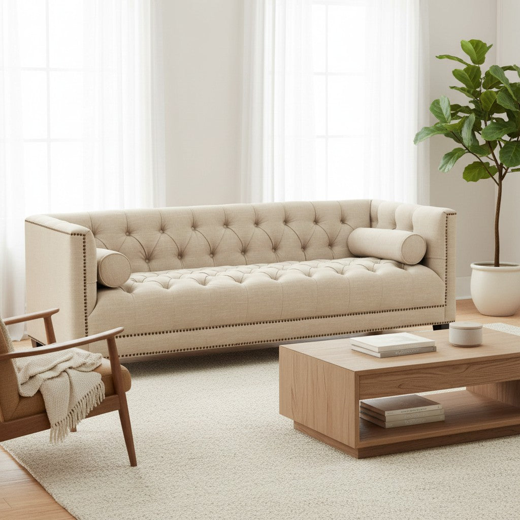 Beige tufted sofa in a modern living room with wooden coffee table and chair.