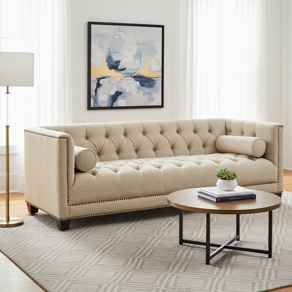 Beige tufted sofa in a living room with a round wooden coffee table and abstract art on the wall.