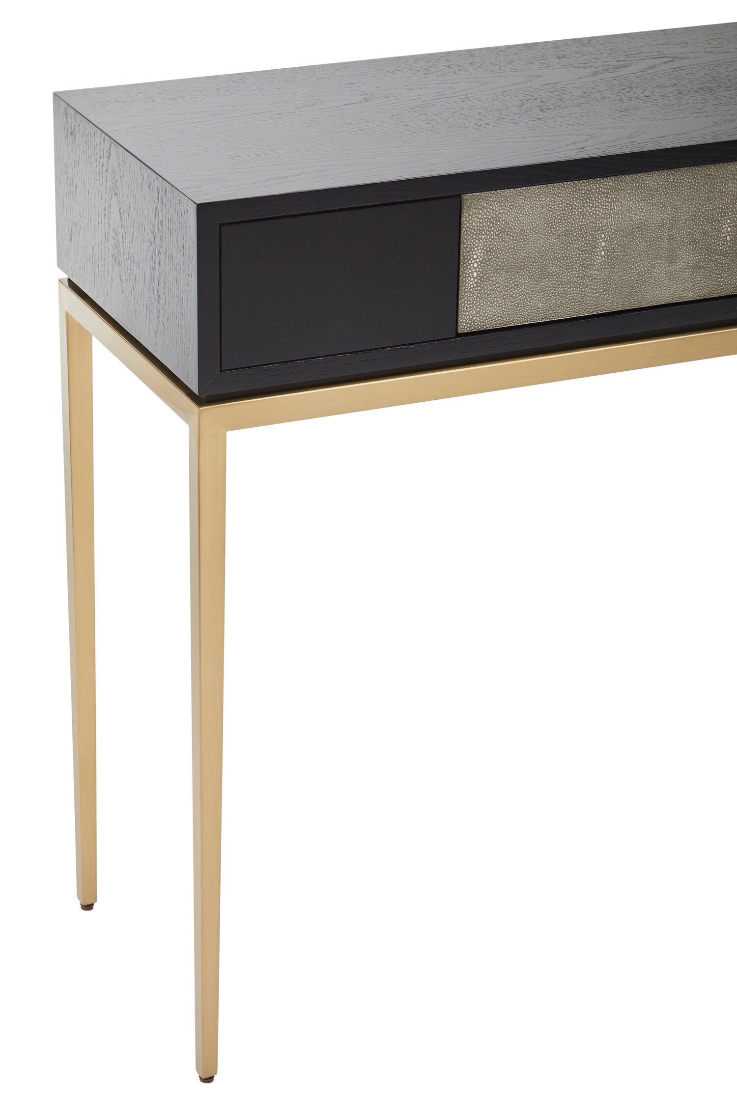 Console table with gray top, black drawers, and gold legs on a white background