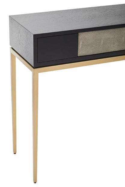 Console table with gray top, black drawers, and gold legs on a white background