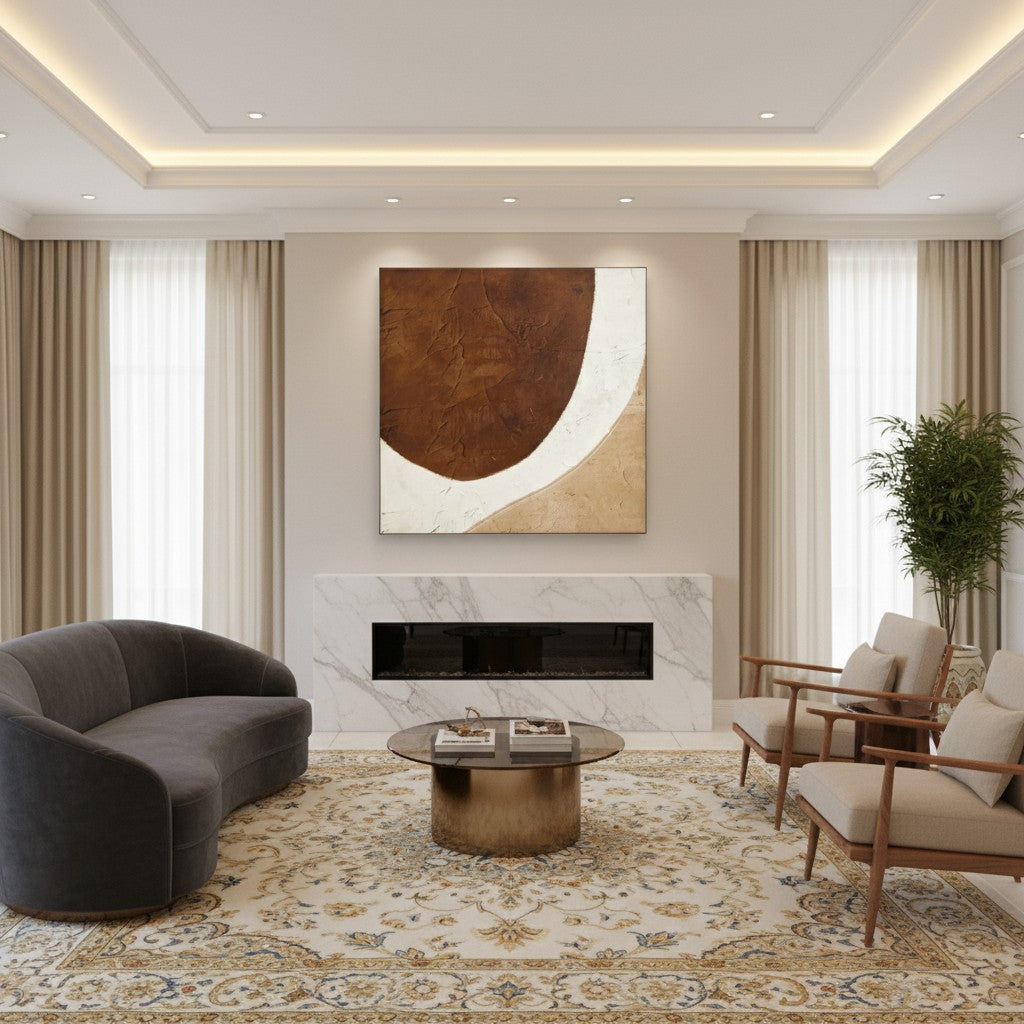 Modern living room with gray sofa, wooden coffee table, and abstract wall art.