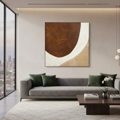 Modern living room with a gray sofa, abstract painting, and cityscape view.