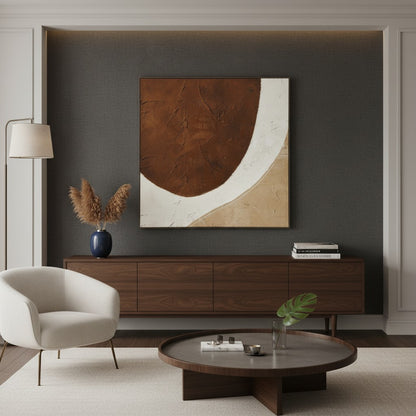 Modern living room with a wooden sideboard, round coffee table, and abstract art on the wall.