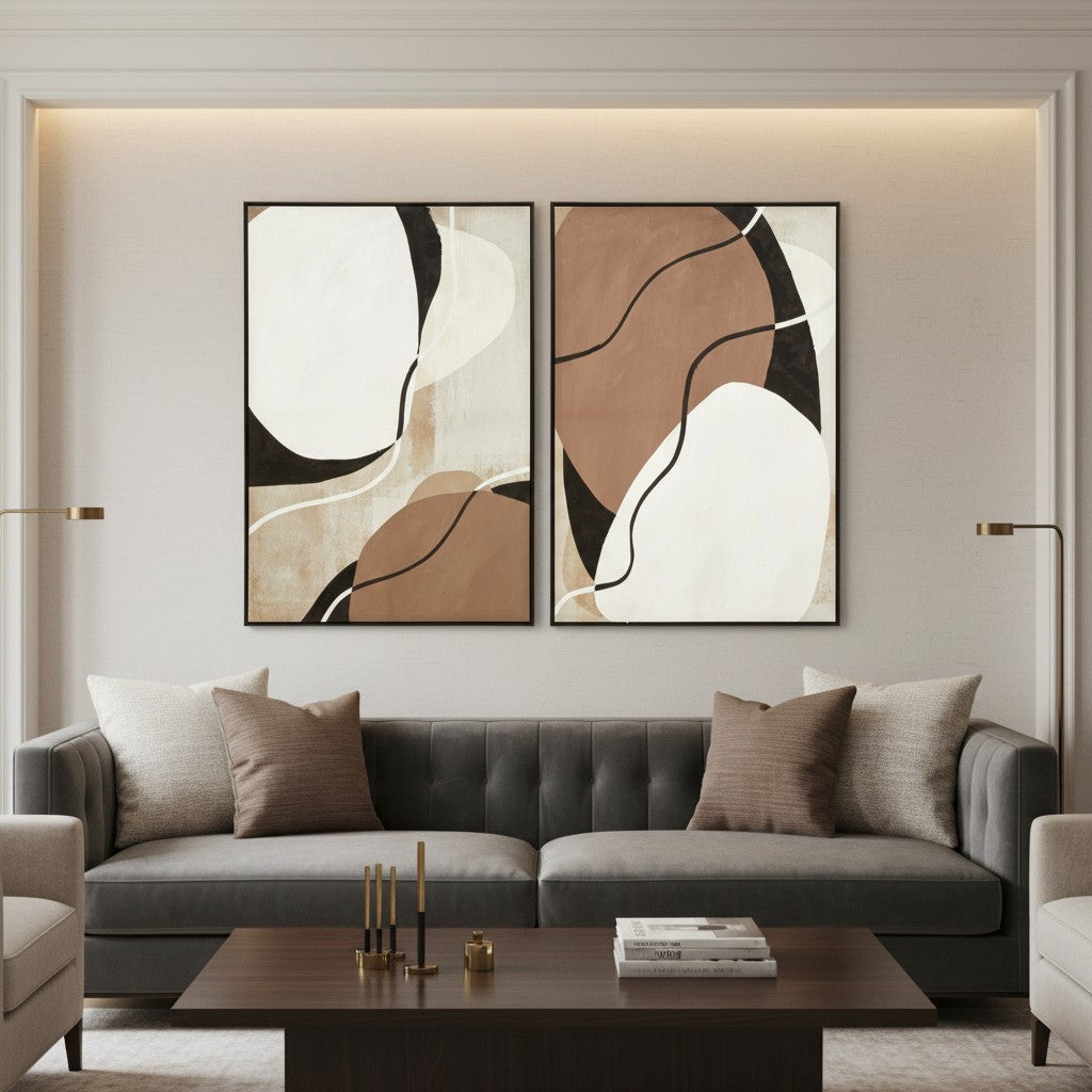Modern living room with abstract art on the wall and a gray sofa.