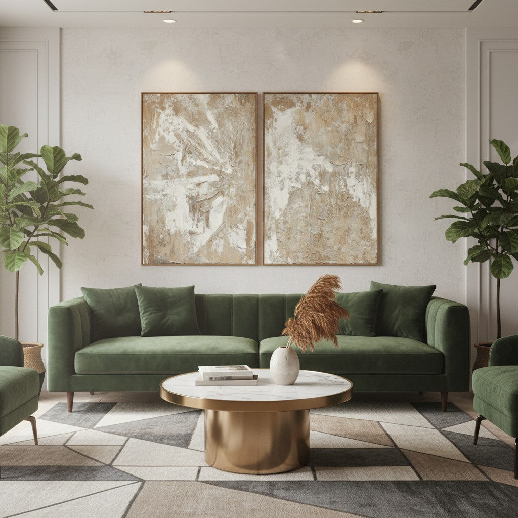 Modern living room with green sofa, abstract art, and decorative plants.