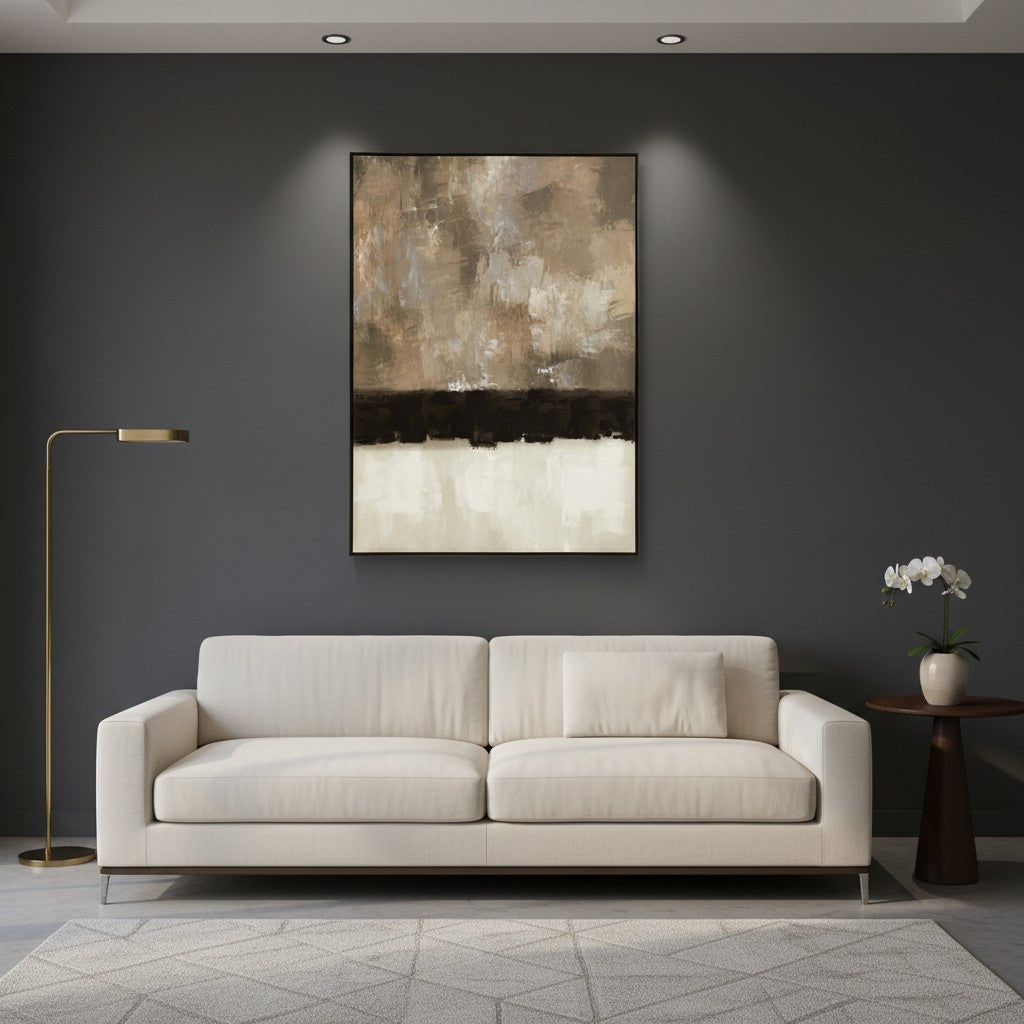 Modern living room with a beige sofa, abstract painting, and floor lamp.