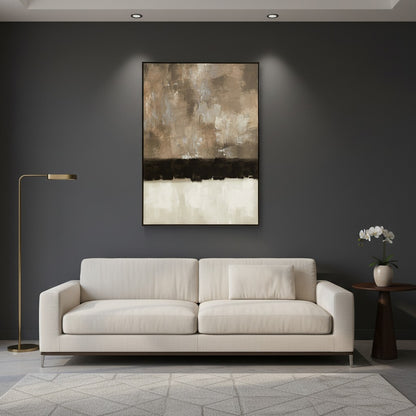 Modern living room with a beige sofa, abstract painting, and floor lamp.