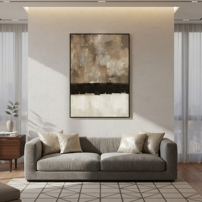 Modern living room with a gray sofa, abstract painting, and side table.