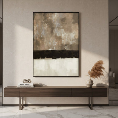 Abstract painting on a wall above a wooden console table with decor items.