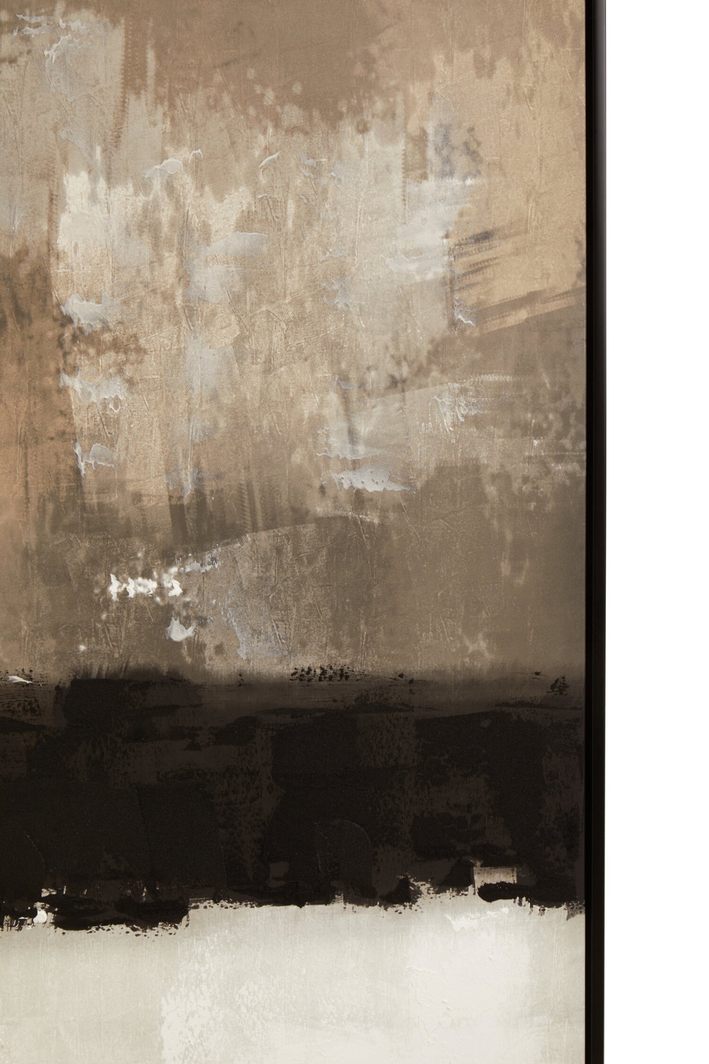 Abstract art piece with brown, black, and white colors on a textured surface.