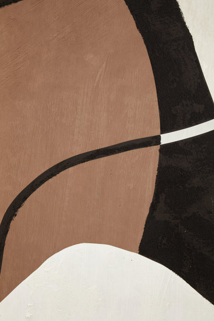 Abstract art with geometric shapes in brown, black, and white on a textured surface.