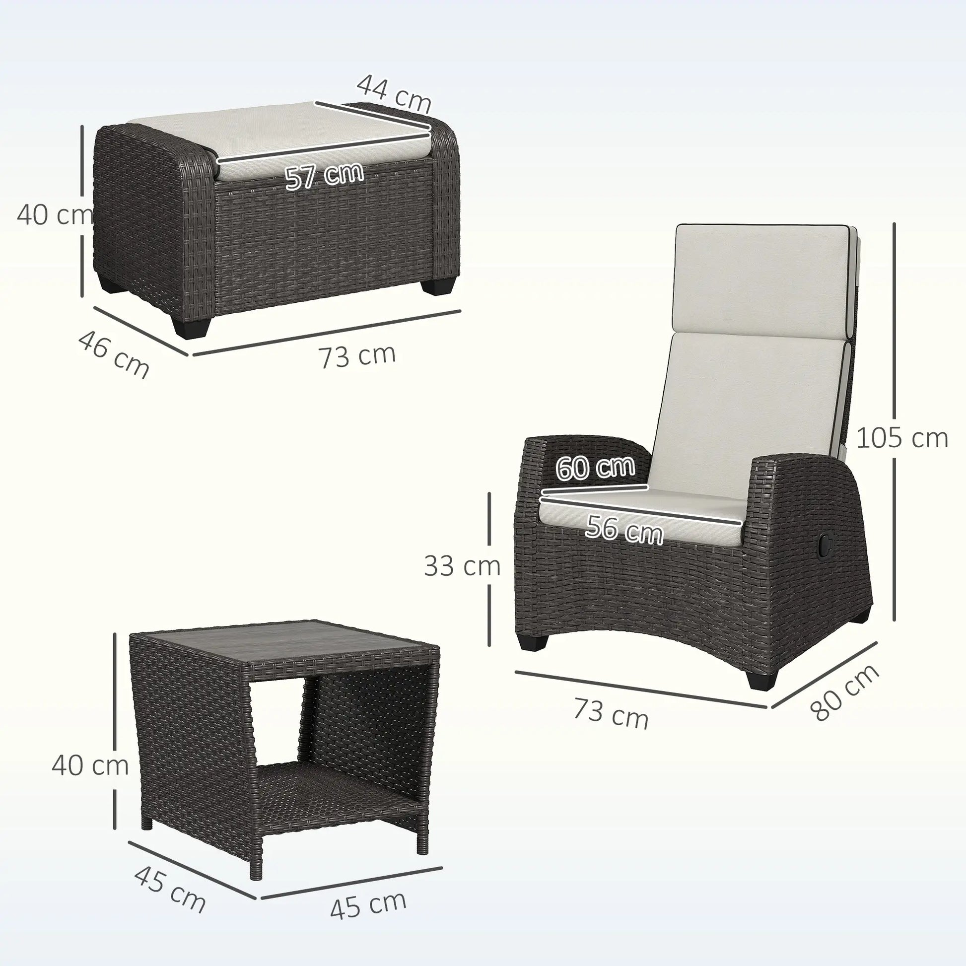 Dimensions of a chair, ottoman, and side table on a white background