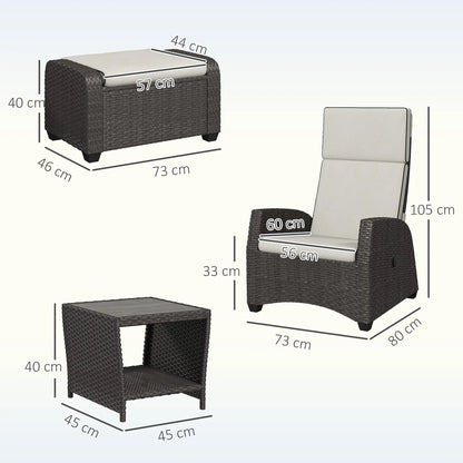 Dimensions of a chair, ottoman, and side table on a white background
