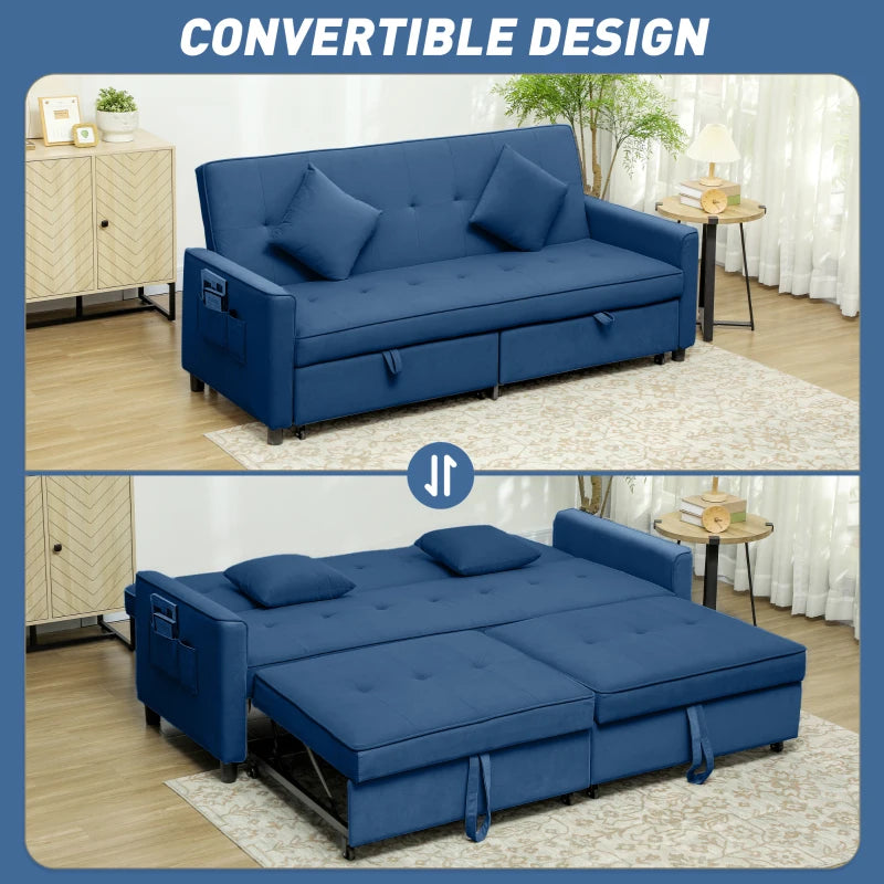 Blue convertible sofa in a living room setting with 'Convertible Design' text above.