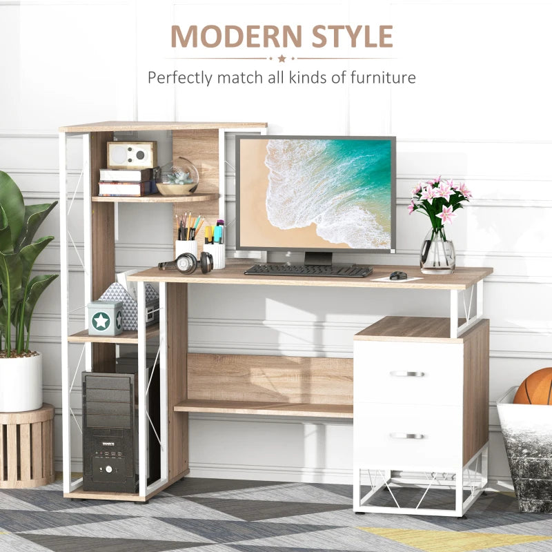 Wooden desk with computer setup in a room with decor elements.