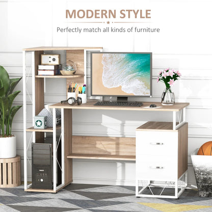 Wooden desk with computer setup in a room with decor elements.