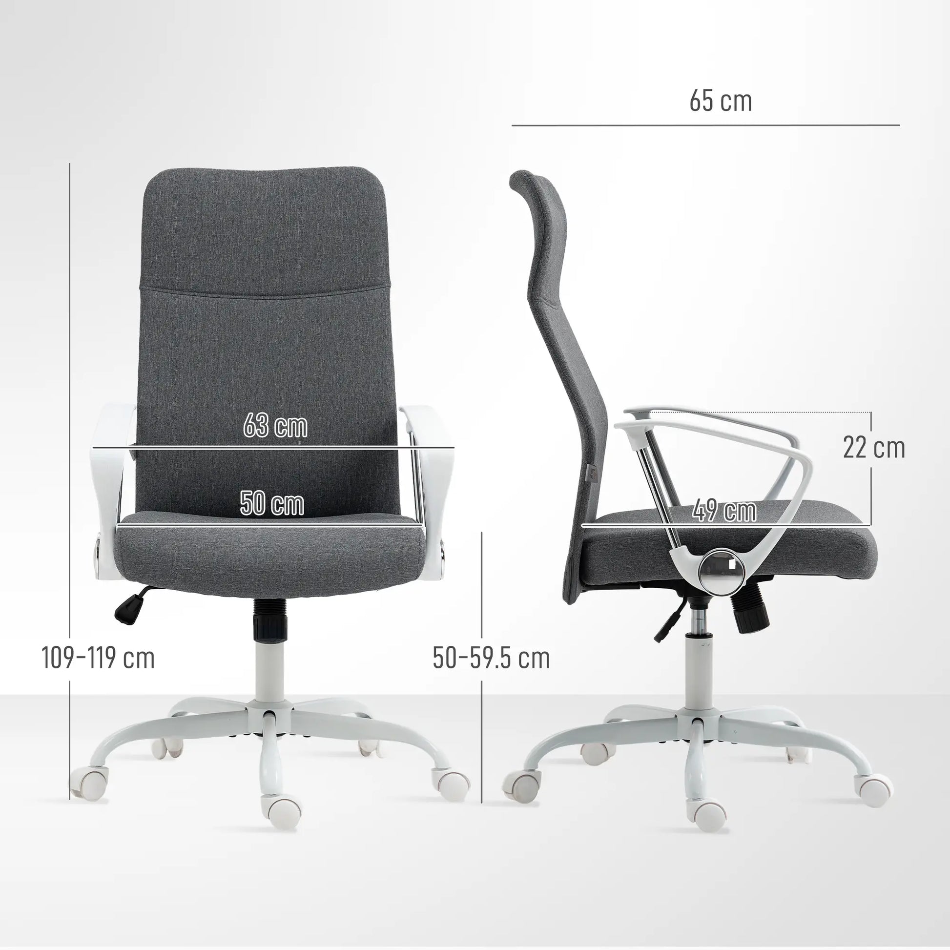 Gray office chair with dimensions labeled on a white background