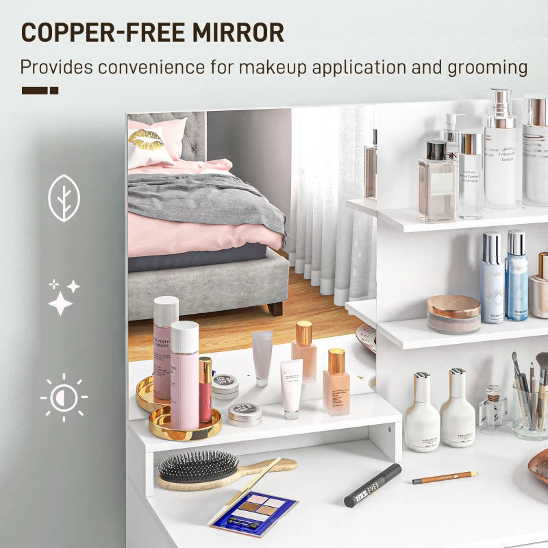 Cosmetic products on a shelf with a bedroom in the background, emphasizing copper-free mirror convenience.